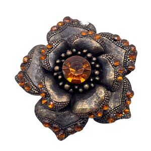 Vintage Engraved Rhinestone Flower Brooch Pin